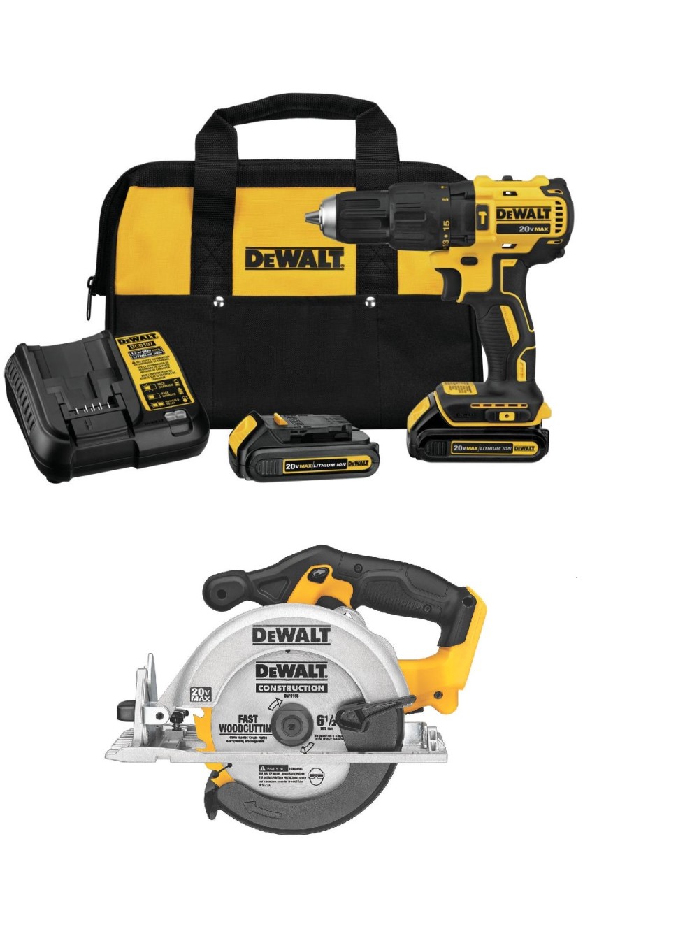 DEWALT 20V Max 1/2 Hammer Drill & 6 1/2 Circular Saw Kit Bundle