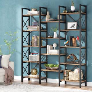 TRIBESIGNS WAY TO ORIGIN Obie 60.3 Black Metal Frame and Rustic Brown Particleboard 14-Shelf Open Back Standard Bookcase with Large Capacity HD-C0457