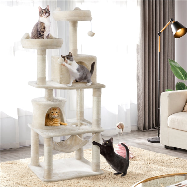 SMILE MART 62.2" Double Condo Cat Tree and Scratching Post Tower, Beige