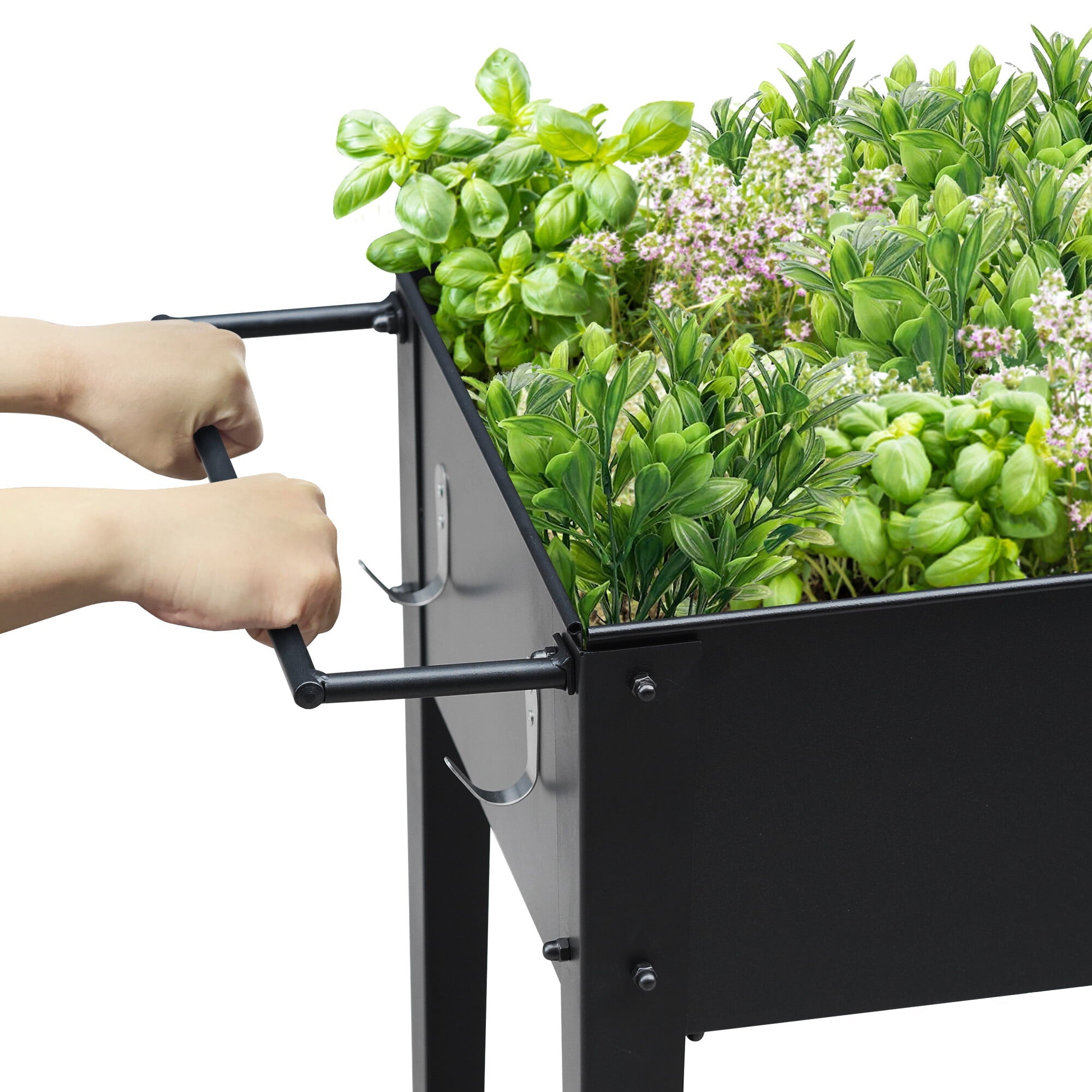 HomGarden Mobile Raised Garden Bed, Elevated Steel Planter Box W/ Storage Shelf & Handlebar