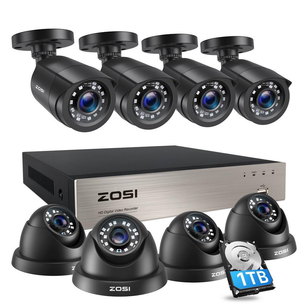 ZOSI 8-Channel 5MP-Lite 1TB HDD Outdoor Home Security Camera System with 1080p 4-Wired Dome Cameras and 4-Bullet Cameras 8VN-106X418B4S-10-A2