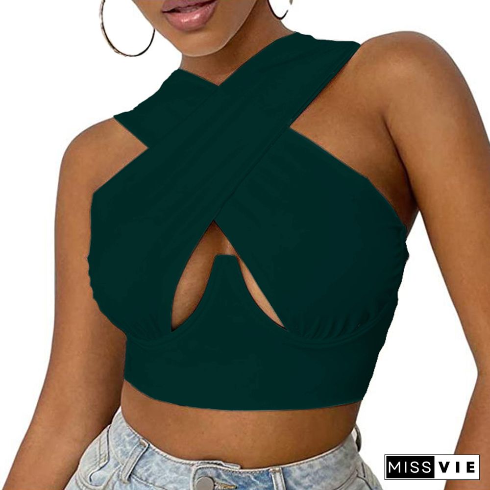 Hollow Out Crossed Sexy Vest Women Solid Color Cropped Tops Slim Fit Sleeveless Double Use Camisole Tank Tops