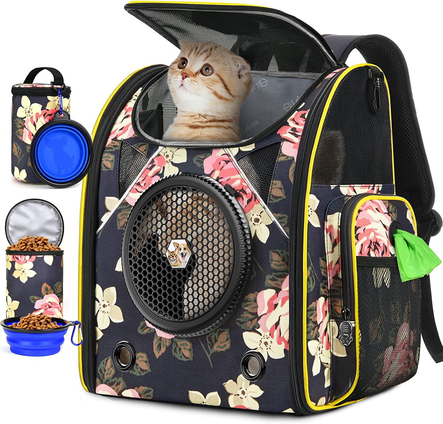 2023 Upgrade Cat Backpack Carrier， Airline Approved Travel Bag for Cats and Small Dog， Large Portable Pet Carriers with 2 Pet Food Bag and 2 Pet Food Bowl ， Peony black