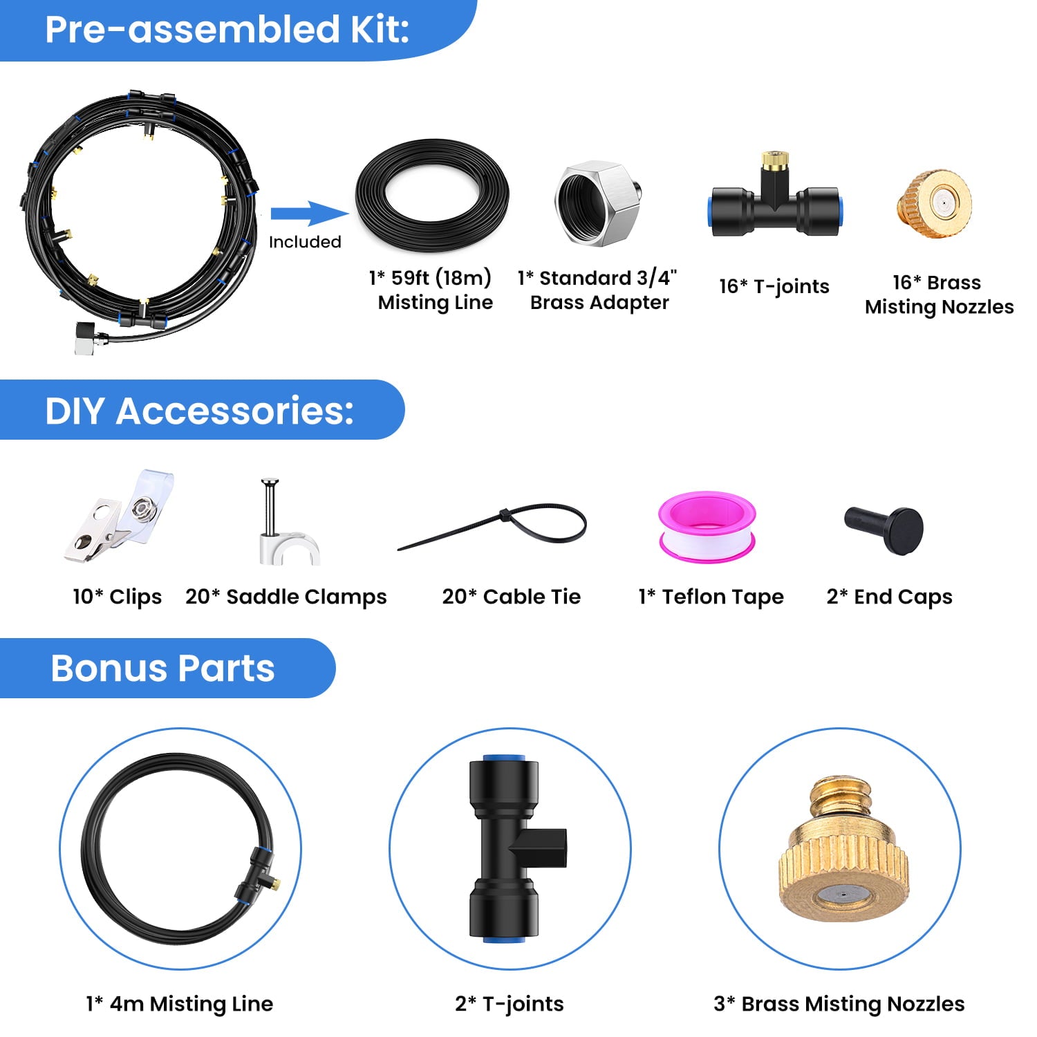 Misting Cooling System 60FT + Extra DIY 13FT Misters Line ， Outdoor Mister for Patio Garden Lawn Greenhouse
