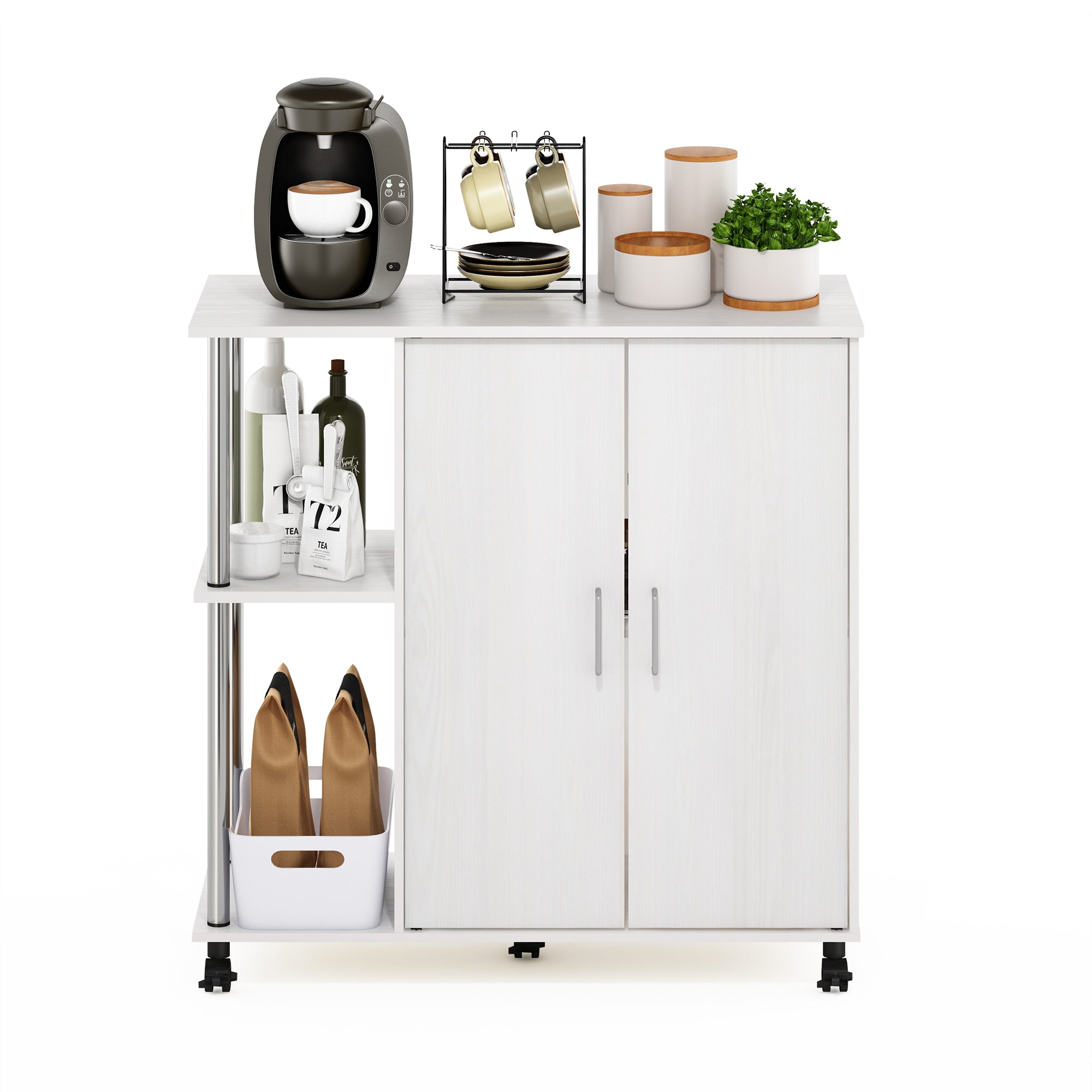 Furinno Helena 3-Tier Utility Kitchen Island and Storage Cart on wheels with Stainless Steel Tubes， White Oak/Chrome