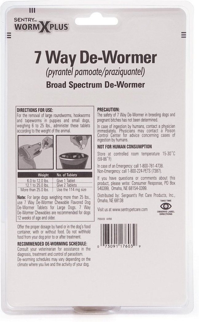 Sentry HC WormX Plus 7 Way Dewormer for Hookworms， Roundworm and Tapeworms for Small Breed Dogs