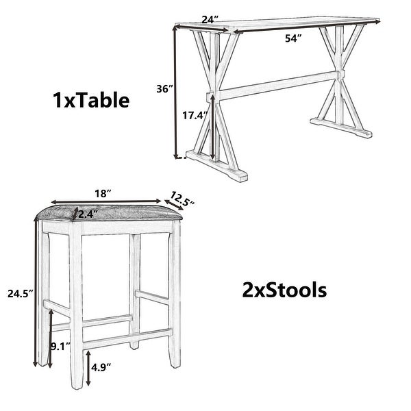 3-Piece Counter Height Wood Kitchen Dining Table Set with 2 Stools