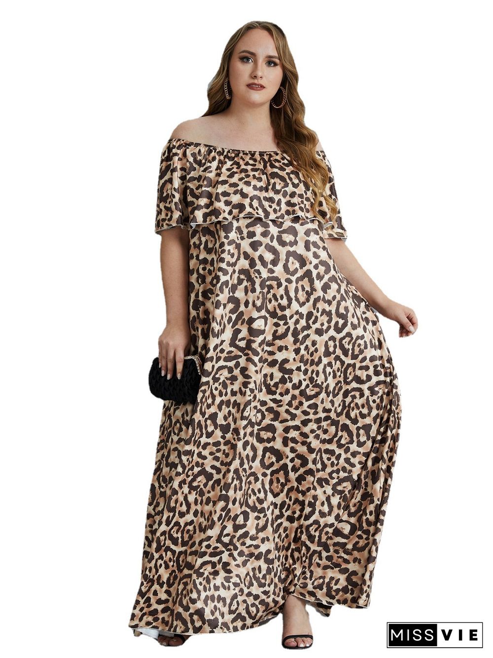 Plus Size Summer Leopard Print Off The Shoulder Short Sleeve Loose Party Club Holiday Maxi Long Dresses