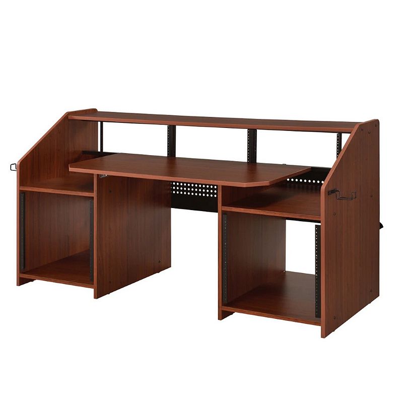 71 Inch Wood Music Desk Studio Workstation， 3 Shelves， Cherry Brown