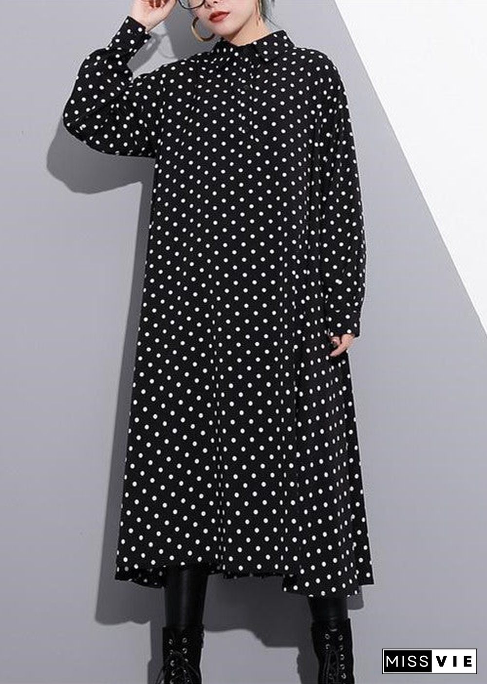 baggy black silk dresses plus size dotted silk clothing dress New stand collar cotton caftans