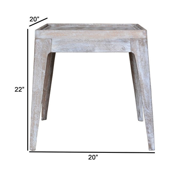 22 Inch Rustic End Table， Mango Wood， Whitewashed Weathered Finish， White