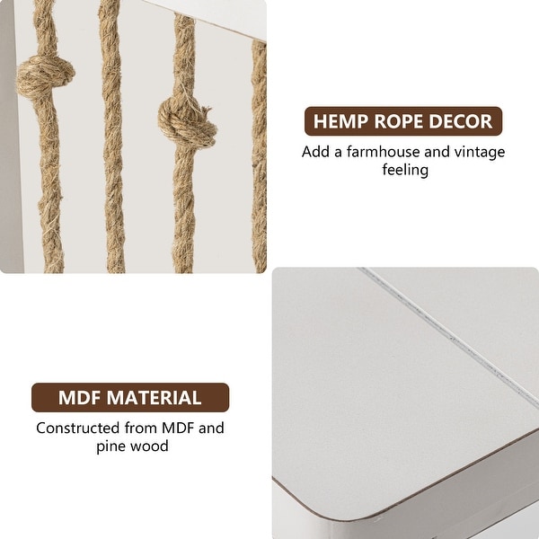 COSIEST White Solid Wood End Table with Hemp Ropes for Living Room