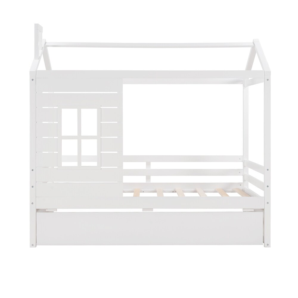 Solid Wood Twin House Bed with Trundle for Kids  White