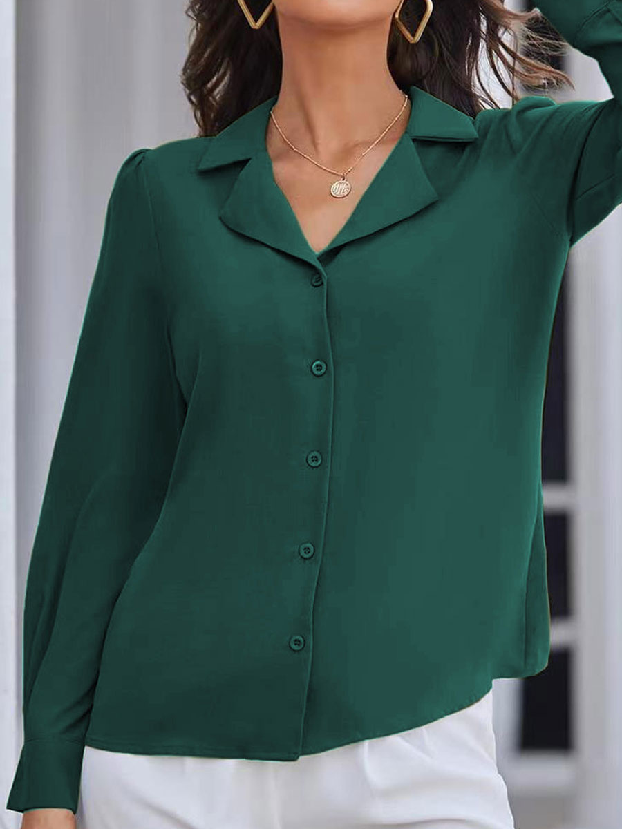 Casual Loose Solid Color Lapel Long Sleeve Blouse