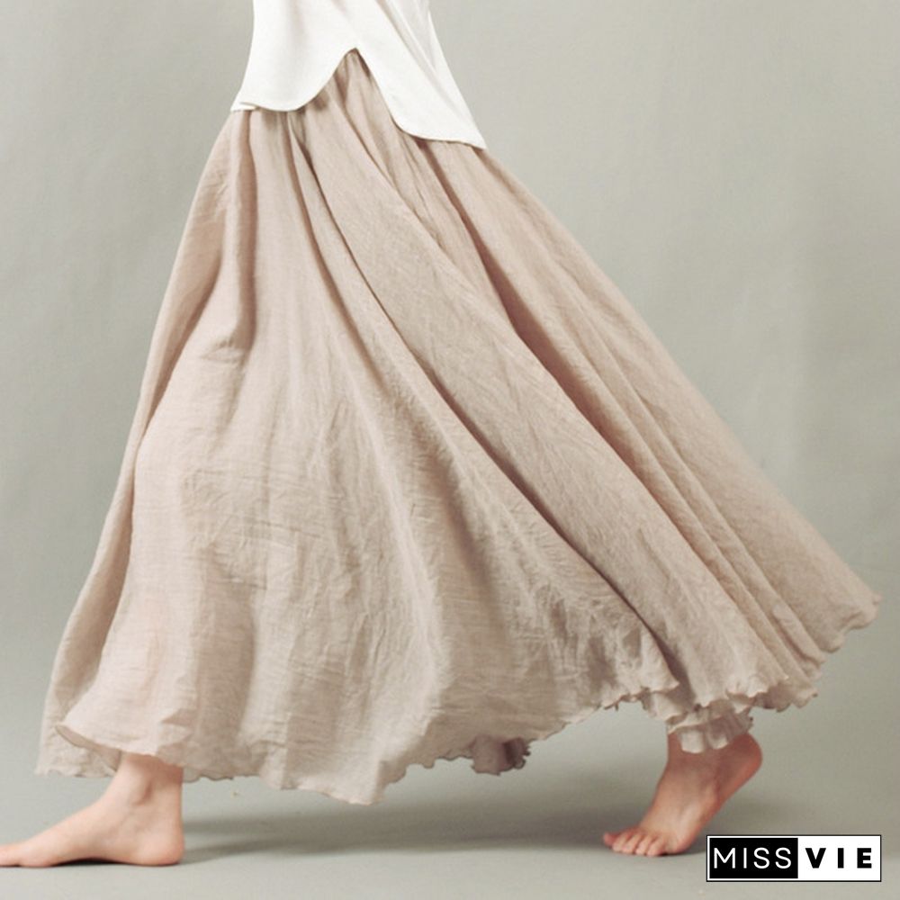 Women Linen Cotton Long Skirts Elastic Waist Pleated Maxi Skirts Beach Boho Vintage Summer Skirts Faldas Saia