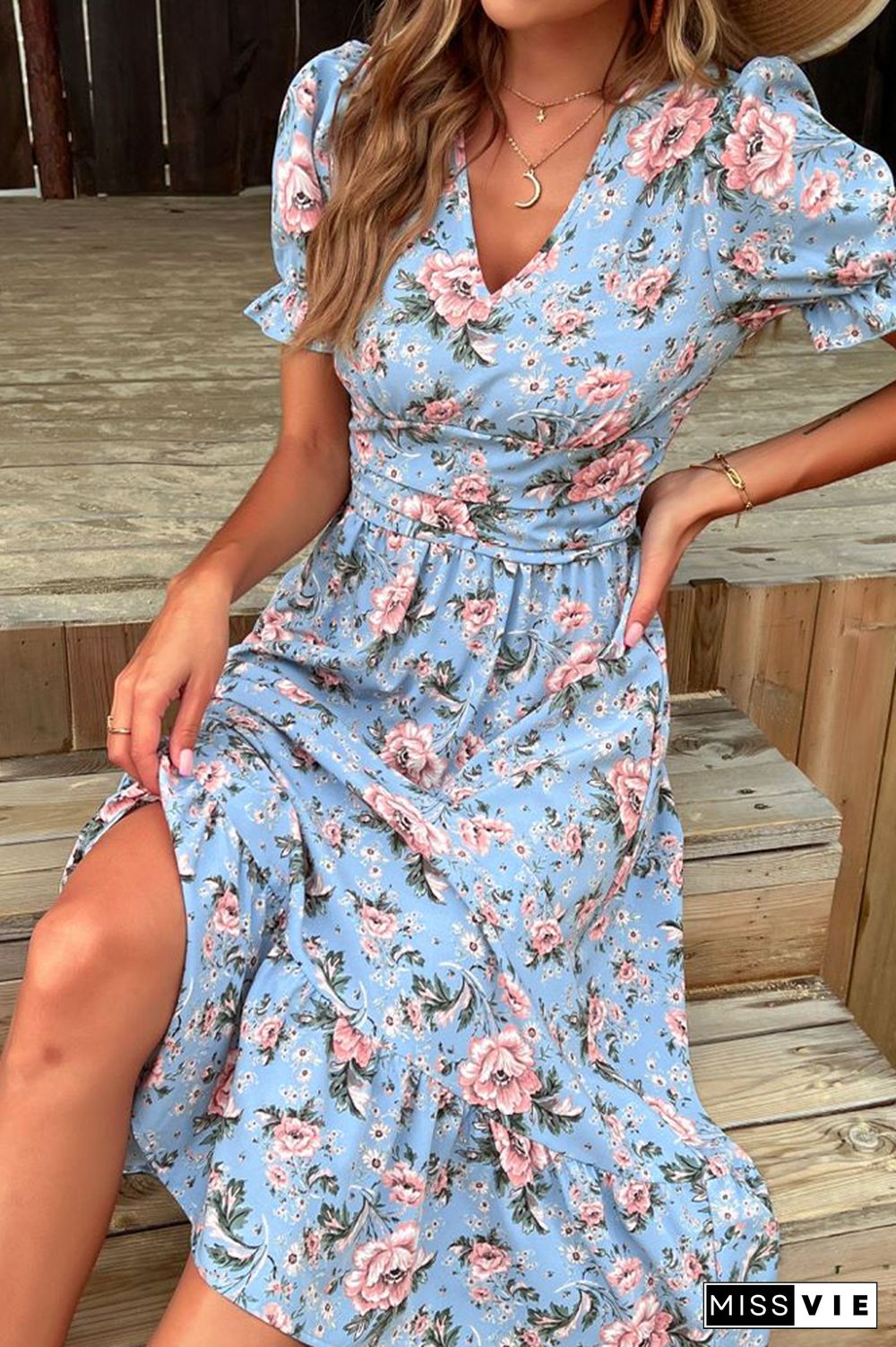 Puff Sleeve Flower Print V Neck Midi Dress Wholesale