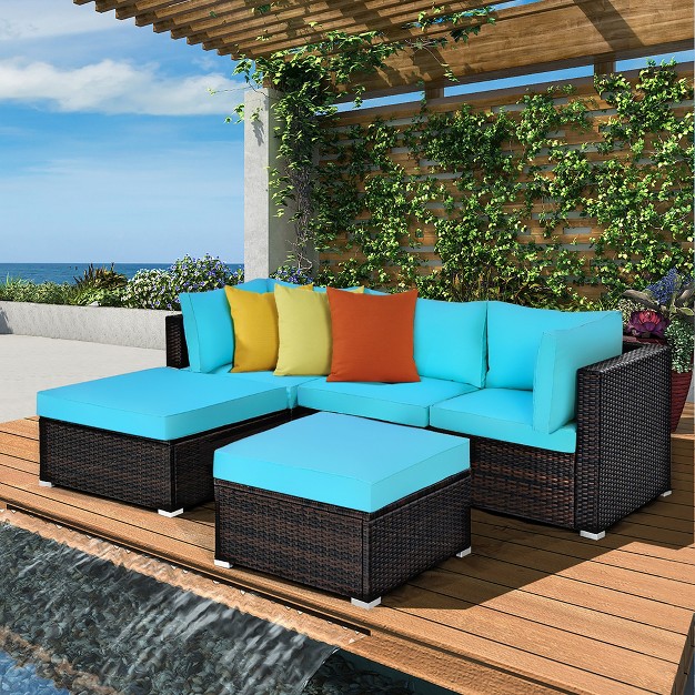 Costway 5pcs Patio Rattan Sectional Conversation Set Ottoman Turquoise