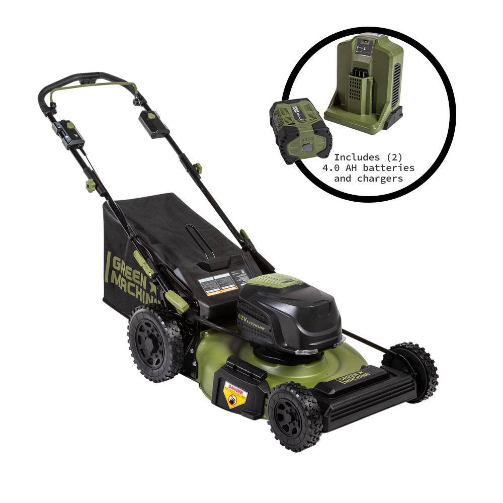 Green Machine 62V Brushless 22 in. Electric Cordless Battery Self- Propelled Lawn Mower with 2 4.0 Ah Batteries and Charger GMSM6200