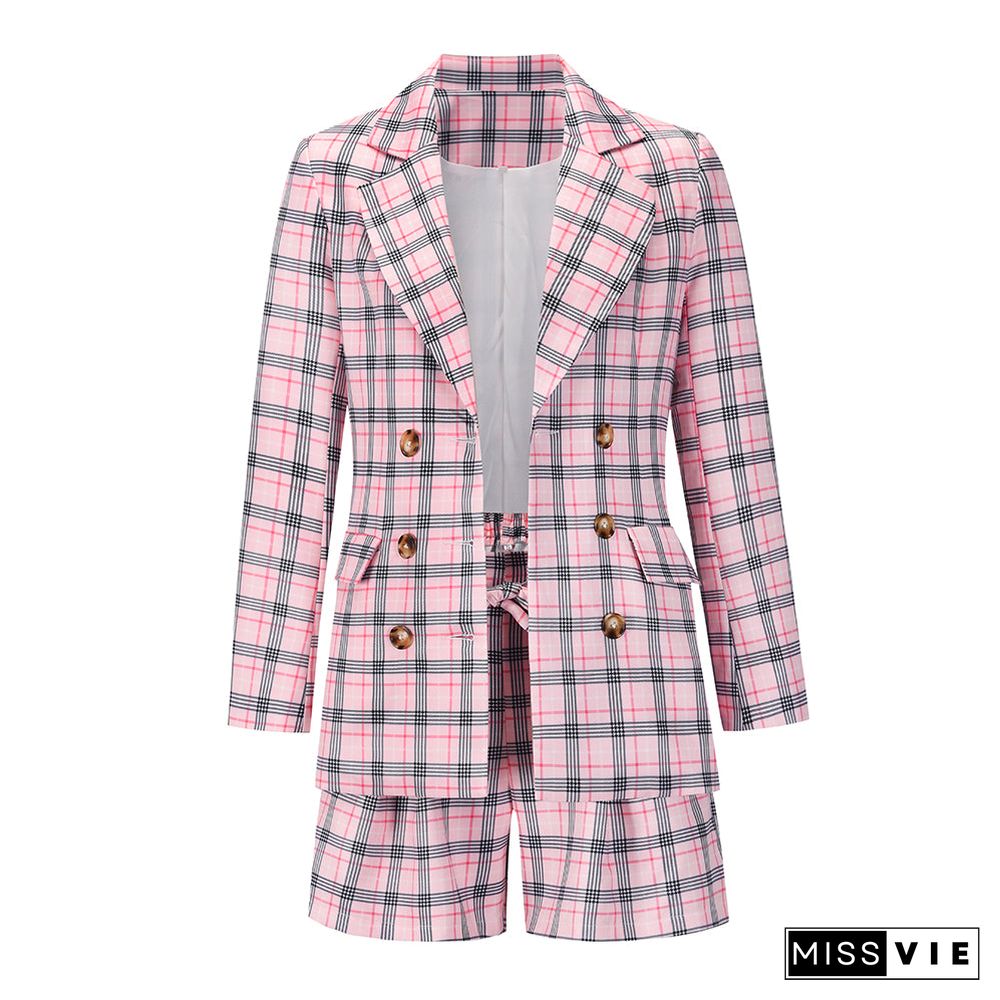 Plaid Notched Lapel 2 Piece Blazer Tie Waist Shorts Set