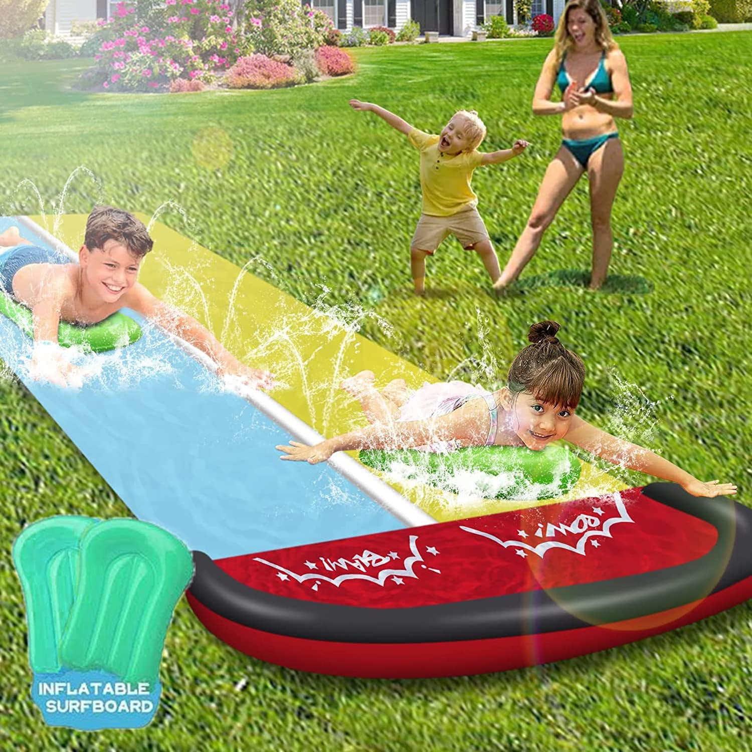 Lavinya Best Double Lawn Water Slide for Kid and Adult, 15.7ft Water Slip Slide with 2 Boogie Boards for Kids Endless Summer Fun