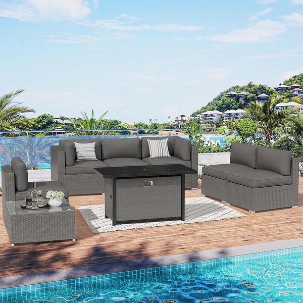 8Piece Outdoor Patio Furniture Grey Wicker Sectional Sofa Set with Fire Pit Table