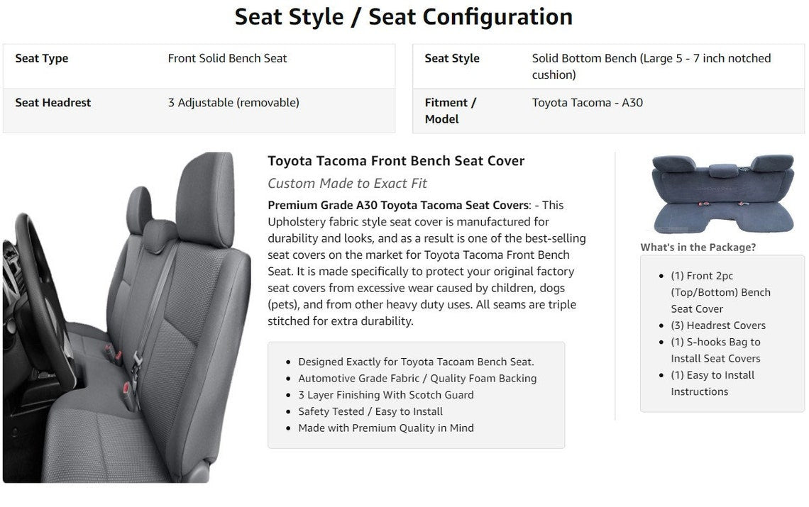 A30 Seatcover made to fit Tacoma Regular Cab Bench Seat Custom Seat Covers Adj Headrest (Charcoal)