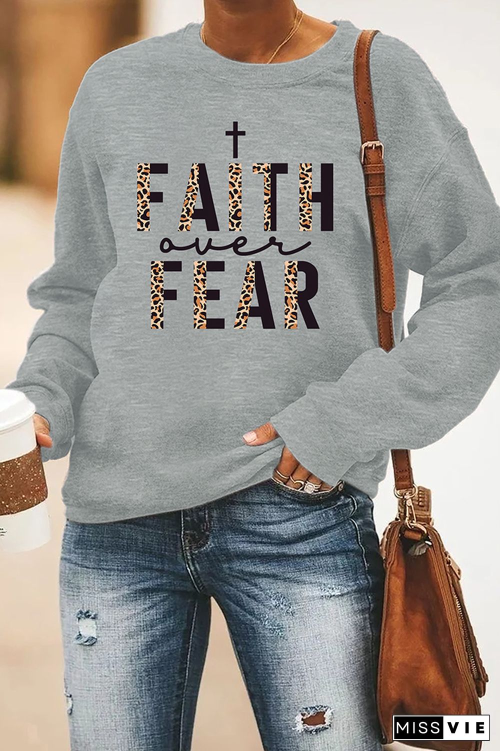 Faith Over Fear Half Leopard Black Print O-neck Long Sleeve Sweatshirts Women Wholesale