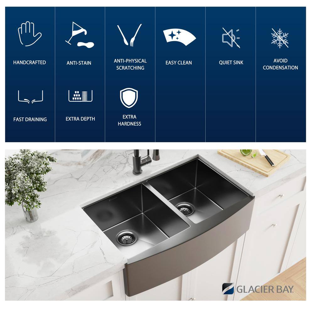 Glacier Bay Gunmetal Black Stainless Steel 36 in. 18-Gauge Double Bowl Farmhouse Apron Kitchen Sink ACS3621A2Q