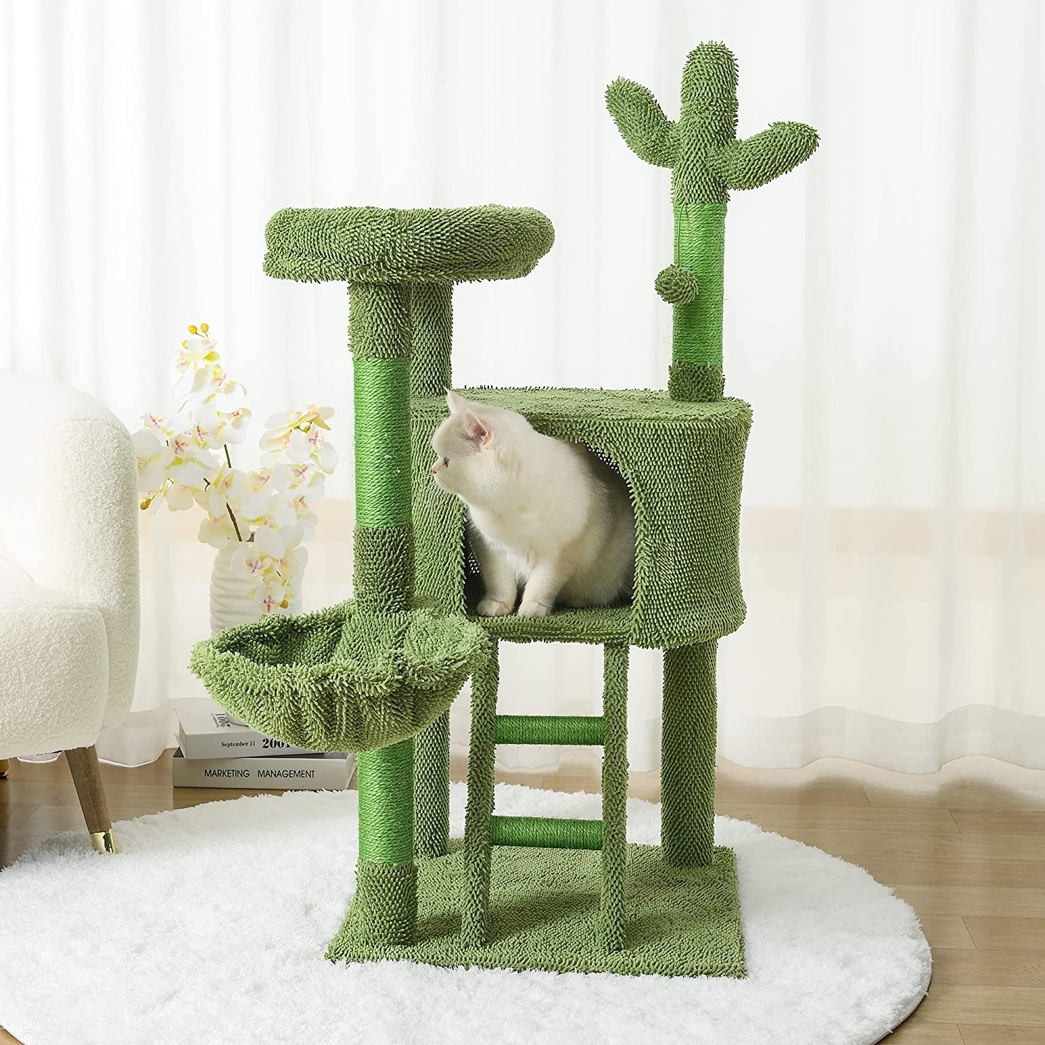 | Cat Tree Tower 43” for Indoor Cats | Cat Condo with Hammock and Cactus Scratching Posts Tree for Kittens | Tall Cat Climbing Stand with Cute Hanging Ball & Toys for Play House