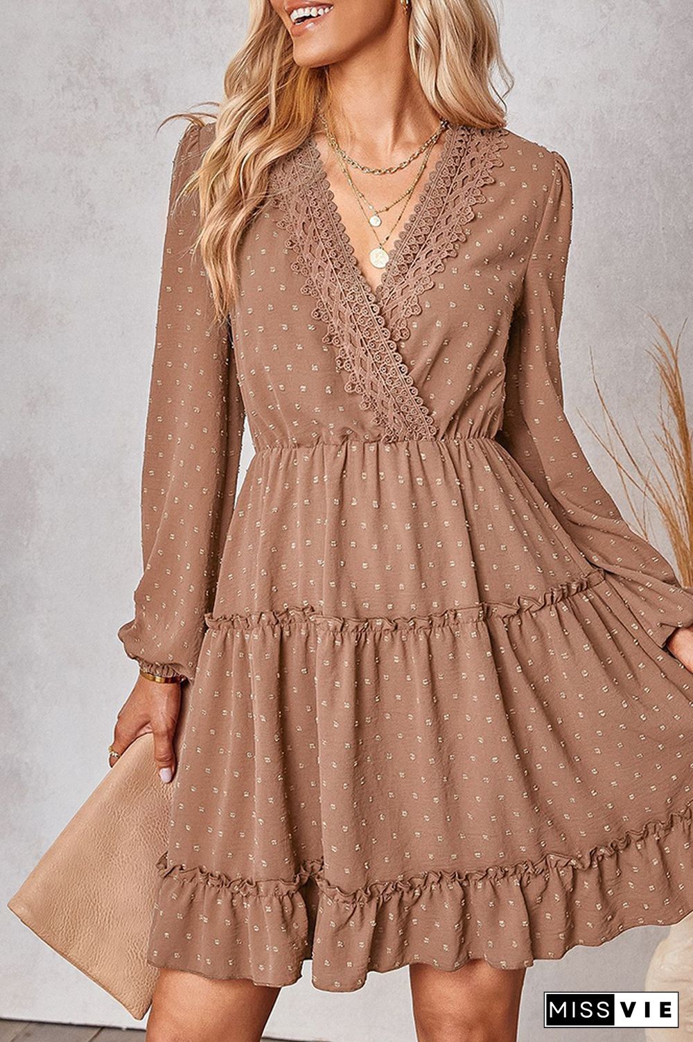 Swiss Dot Lace Crochet Long Sleeve Ruffle Dress