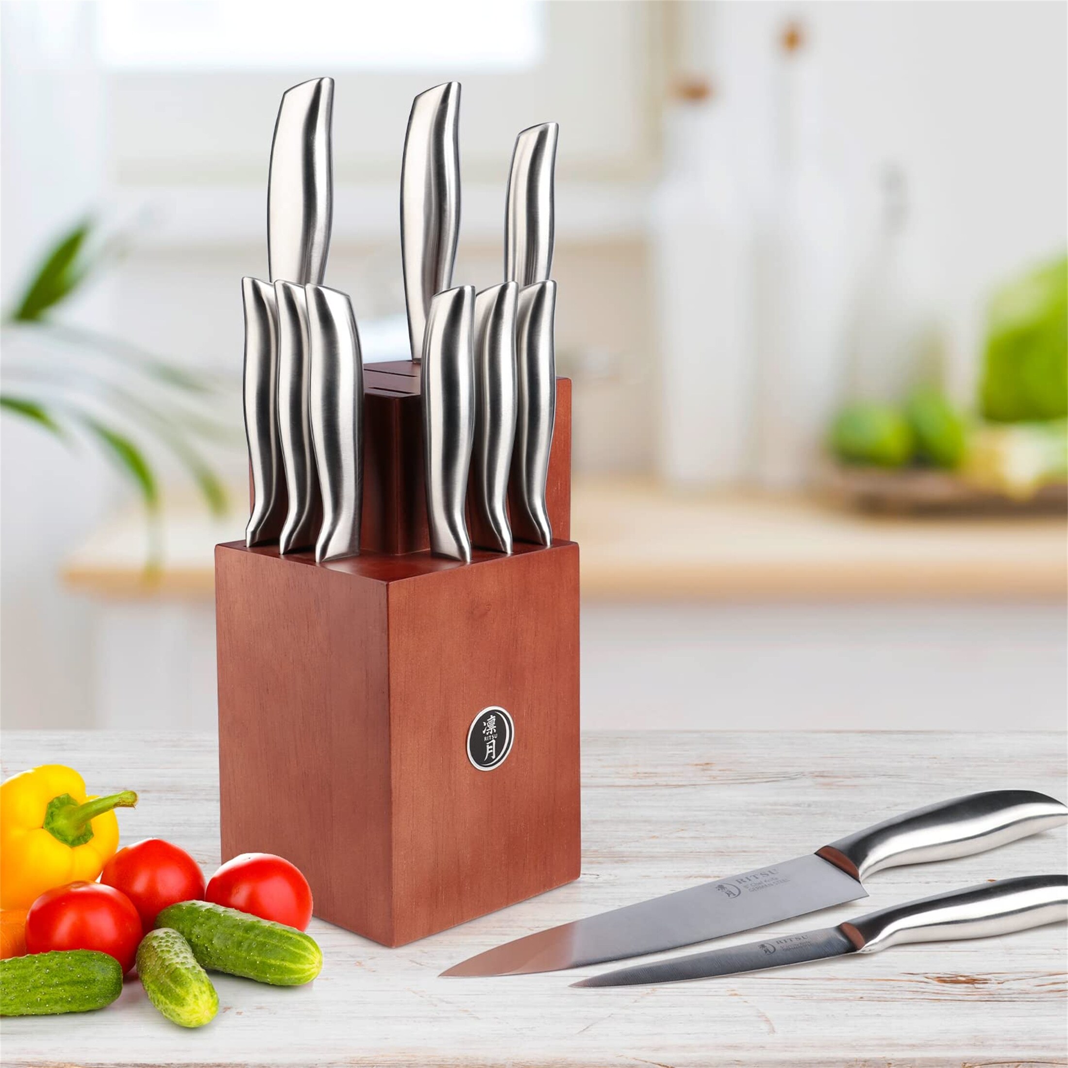 12 Pieces German Steel Knife Set With Block And Steak Knives