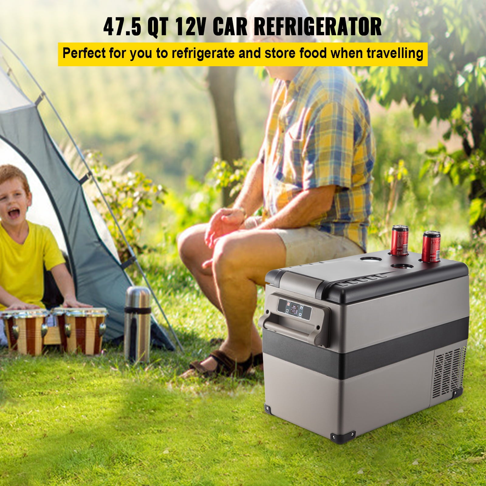 VEVORbrand 45L Portable Car Refrigerator 48 Quart Compact RV Fridge 12/24V DC & 110-240V AC Vehicle Car Truck Boat Mini Electric Cooler for Driving Travel Fishing Outdoor and Home Use -4°F-50°F