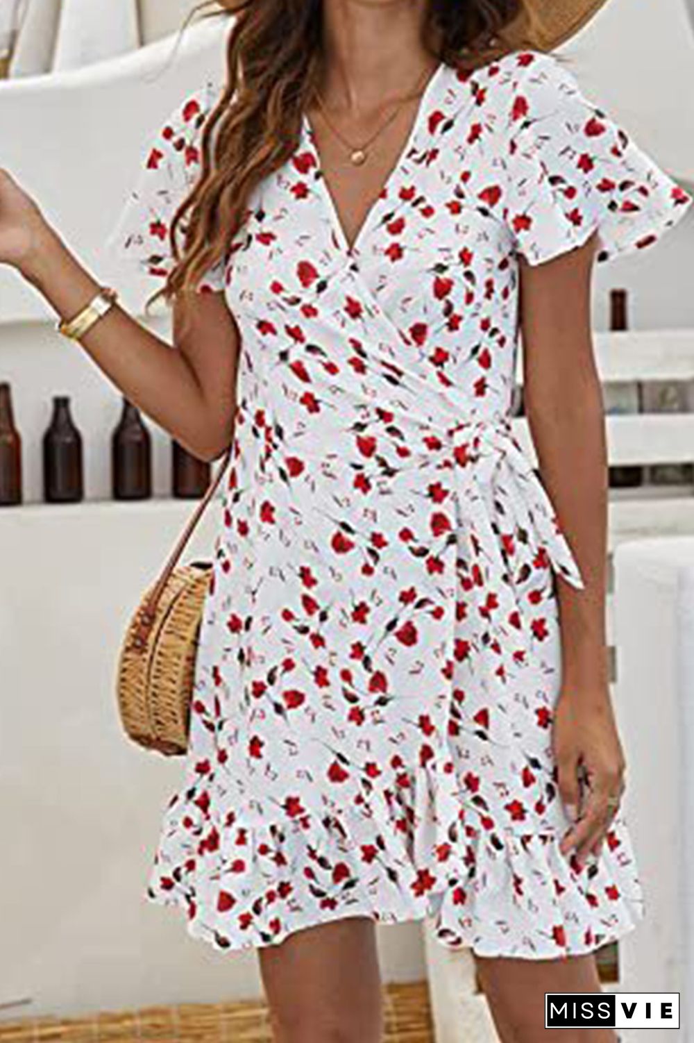 V Neck Side Tie Ruffles Hem Floral Dress