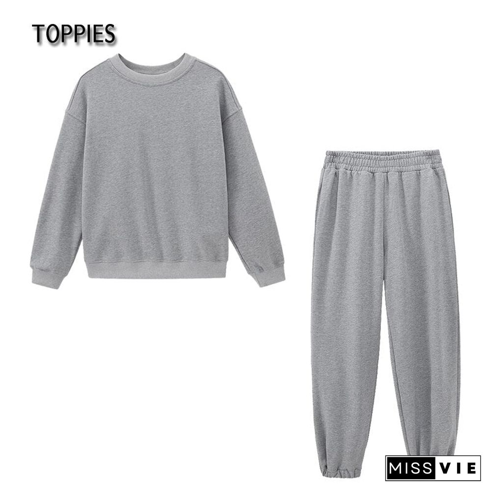 Toppies Casual Oversized Two Piece set woman Suit Female Tracksuit Pant O-neck Sweatshirts White Sweatpants