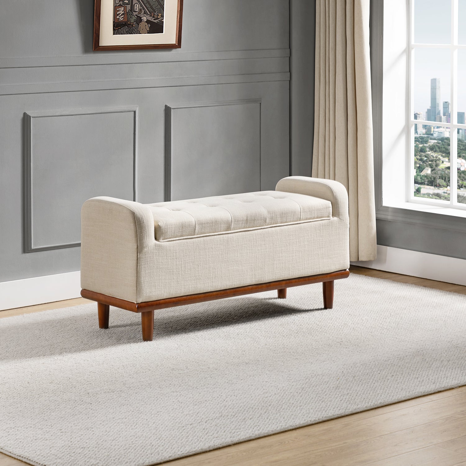 14 Karat Home Upholstered Tufted Bench with Storage Space for Bedroom in Linen