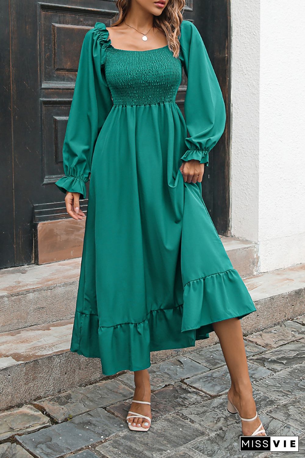 Smocked Square Neck Ruffles Maxi Dress