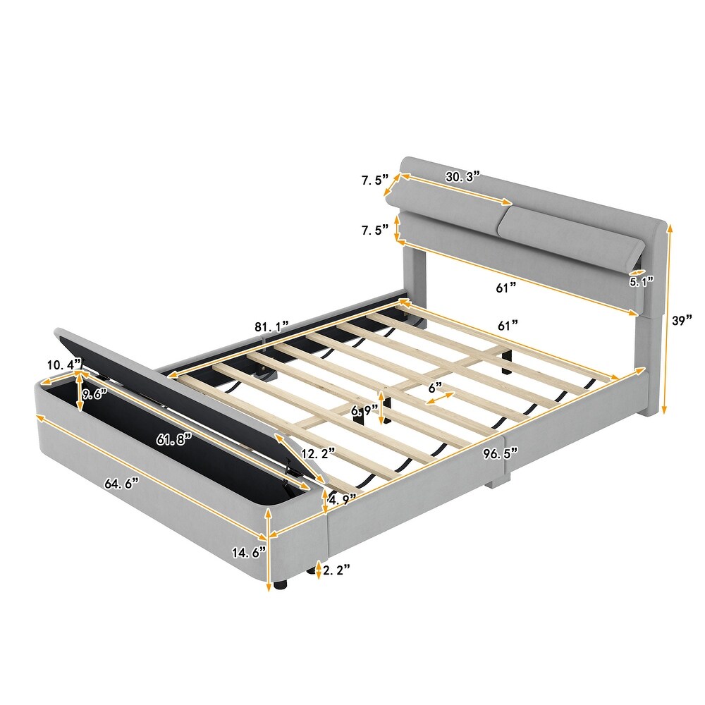 Upholstery Platform Bed with Storage Headboard and Footboard  Support Legs  Solid Wood Bedframe  No Need Spring Box