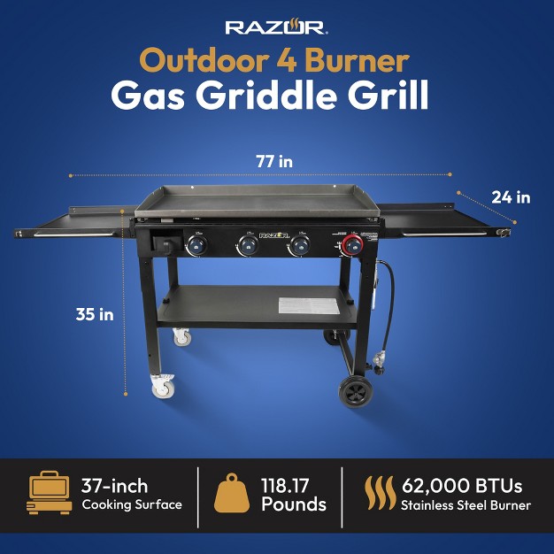 Razor Griddle Outdoor Steel Burner Propane Gas Grill Griddle With Wheels And Top Cover Lid Folding Shelves For Home Bbq Cooking