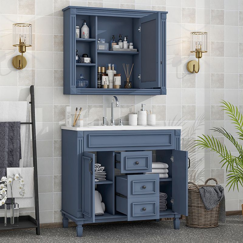 F.C Design 36'' Bathroom Vanity with Top Sink - Royal Blue Mirror Cabinet， Modern Storage Cabinet with 2 Doors and 2 Drawers - Single Sink Vanity