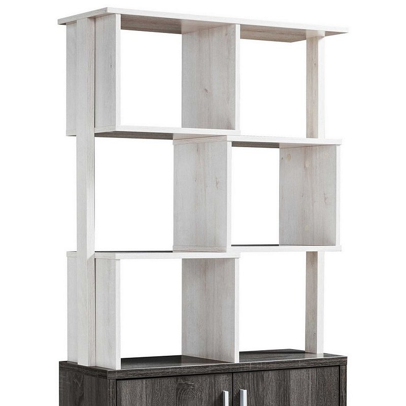 Crew 68 Inch Wood Bookcase Unit， 1 Cabinet， 6 Compartments， Oak White， Gray