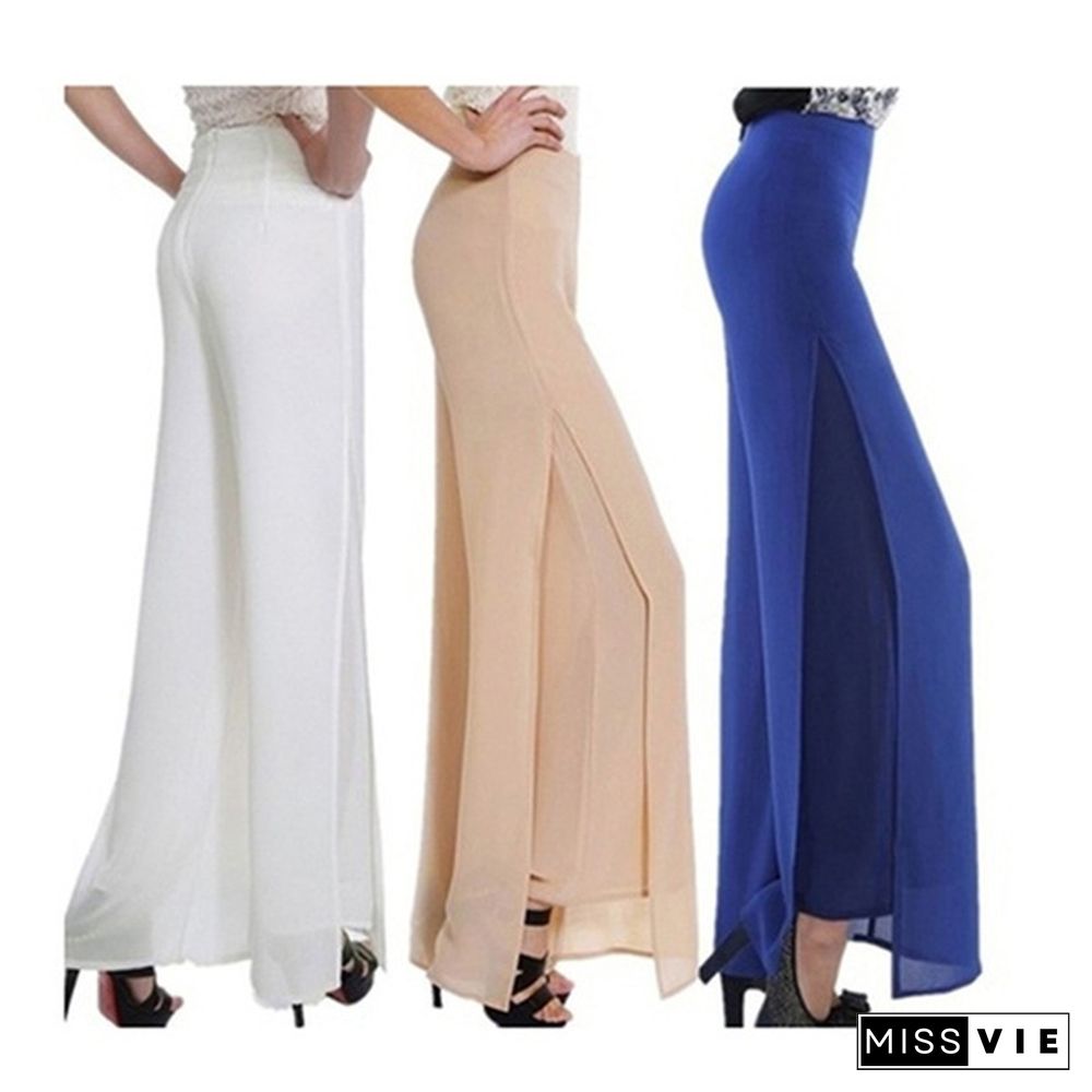 Skinny Wide-Leg Pants Chiffon Fashion High Waist Slit Solid Color Chiffon Pants Skirt Summer Casual Pants