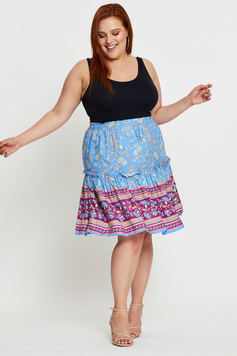 Boho Print Mini Skater Skirt Elastic Waist