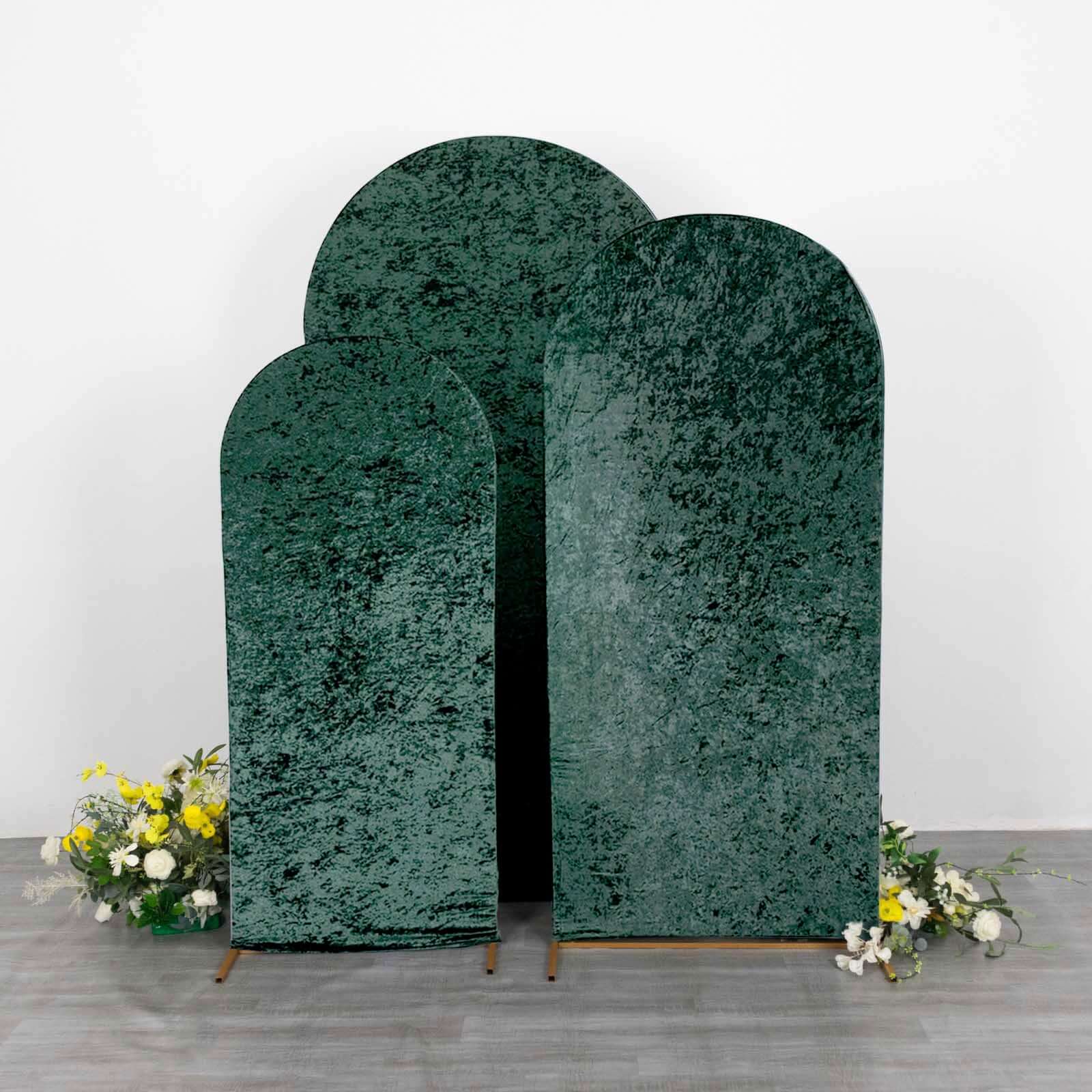 Set of 3 Hunter Emerald Green Crushed Velvet Chiara Wedding Arch Covers For Round Top Backdrop Stands 5ft, 6ft, 7ft