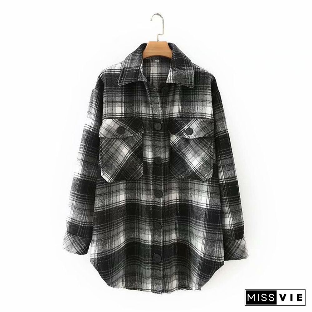 New Autumn Winter Vintage Plaid Wool Coat Women Casual Oversize Jacket Outwear Female Loose Overcoats Ladies Chaqueta Mujer