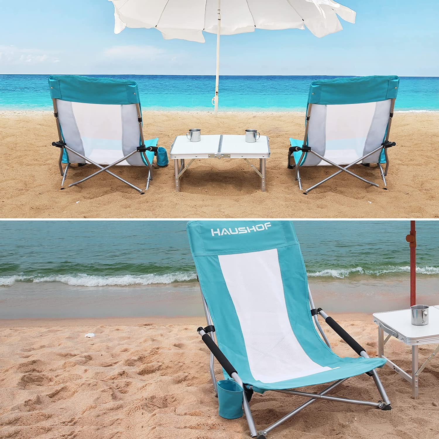 HAUSHOF High Back Beach Chair， Mesh Back Folding Chair， Lightweight Low Seat Camping Chairs with Cup Holder， Carry Bag， Padded Armrest for Outdoor Beach Lawn Camping Picnic Festival， Blue