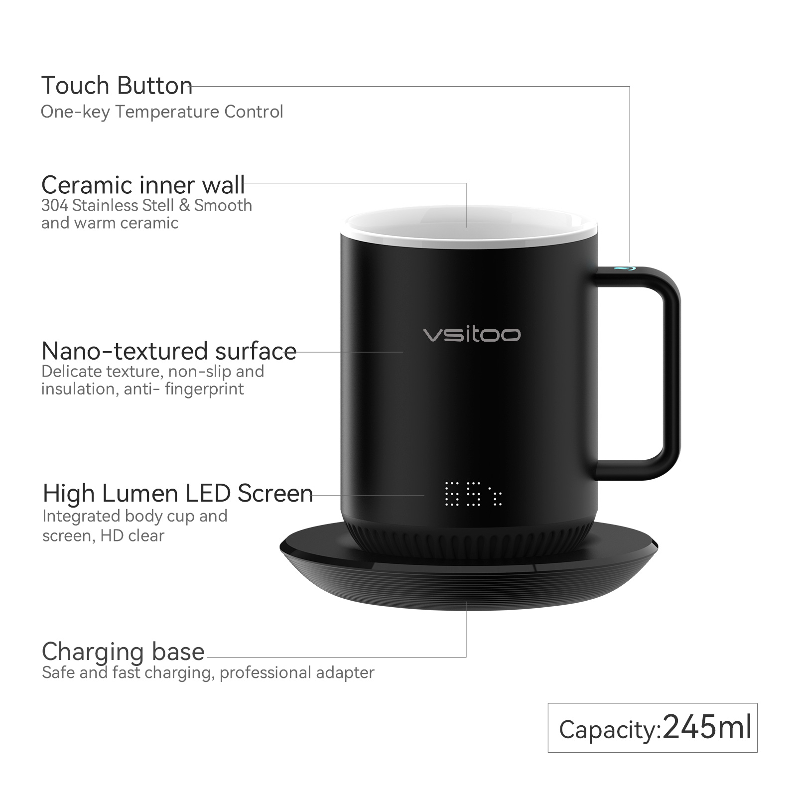 vsitoo S3 Temperature Control Smart Mug 2 with Lid， Self Heating Coffee Mug 10 oz， LED Display， 90 Min Battery Life - AppandManual Controlled Heated Coffee Mug - Improved Design - Perfect Coffee Gifts