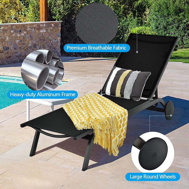 Aluminum Patio Chaise Lounge Chair with Wheels, 6-Position Fabric Outdoor Sun Lounger for Pool Beach Deck Yard