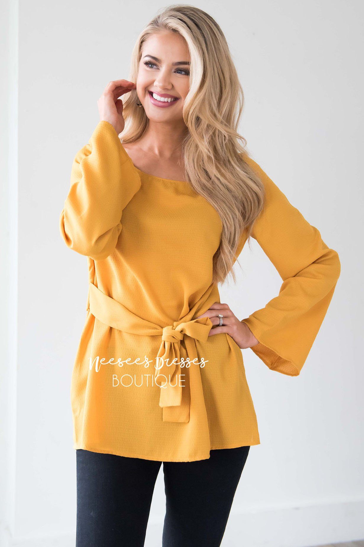 Bell Sleeve Tie Waist Blouse