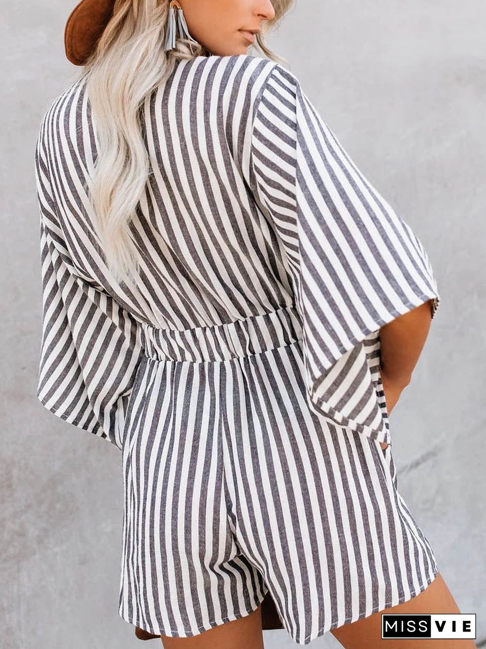 Casual Deep V Neck Front Tie Loose Mini Jumpsuit