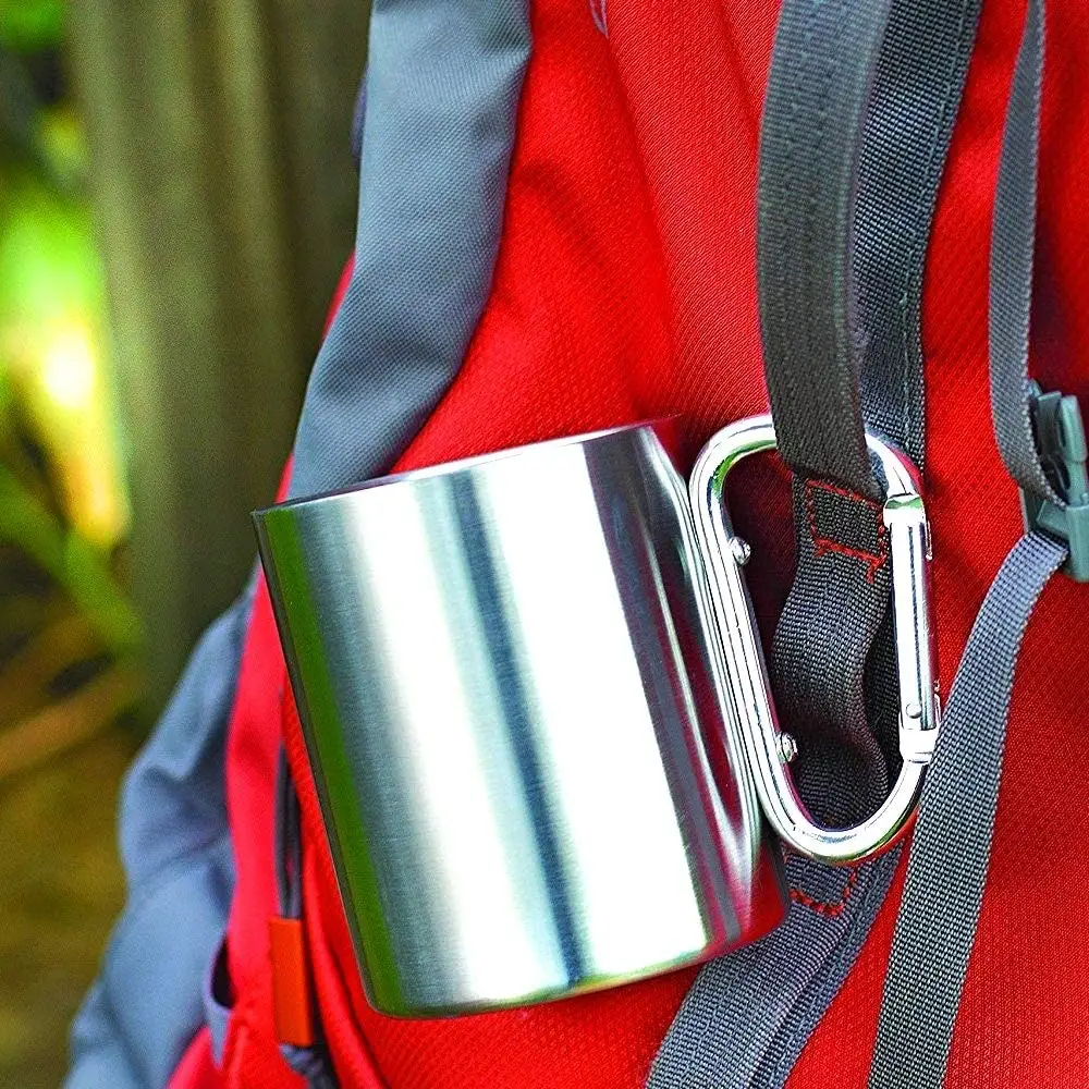 NPOT  Portable Stainless Steel Metal Cup Hiking Camping Traveling Outdoor Carabiner Climbing Cups Double Wall Mug with D Ring